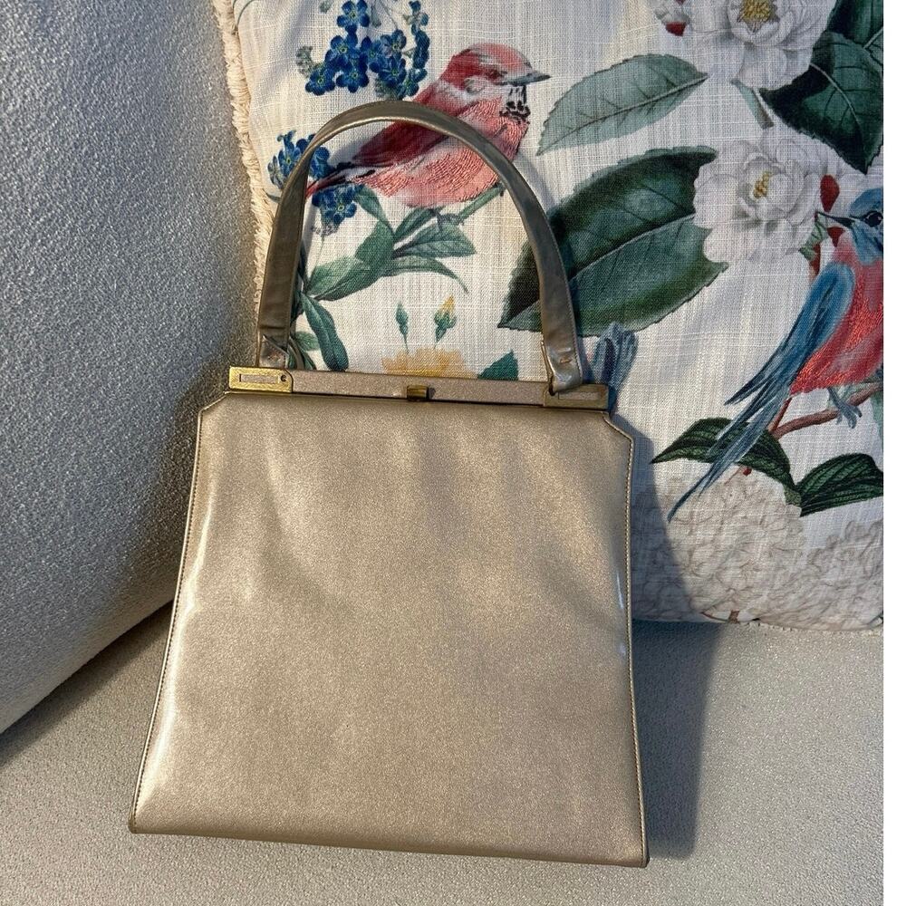 Vtg Brush Gold Patent Handbag box style wrist handle Sydney of California
